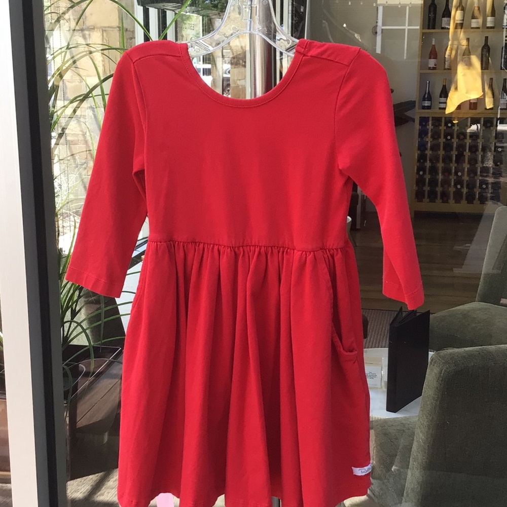 Ruffle Butts Red Long-Sleeve Gathered Waist Pocket Dress